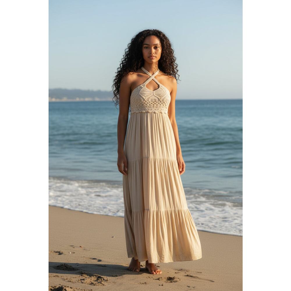 American Eagle Boho Maxi Dress with Hand-Crocheted Bodice – Cream Small – NWOT